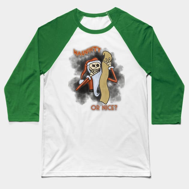 Naughty or Nice Santa Jack Baseball T-Shirt by tesiamarieart